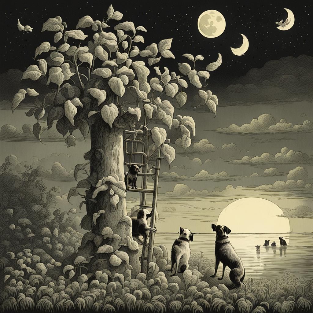 Dogs Climb Beanstalk in Moonlight Adventure