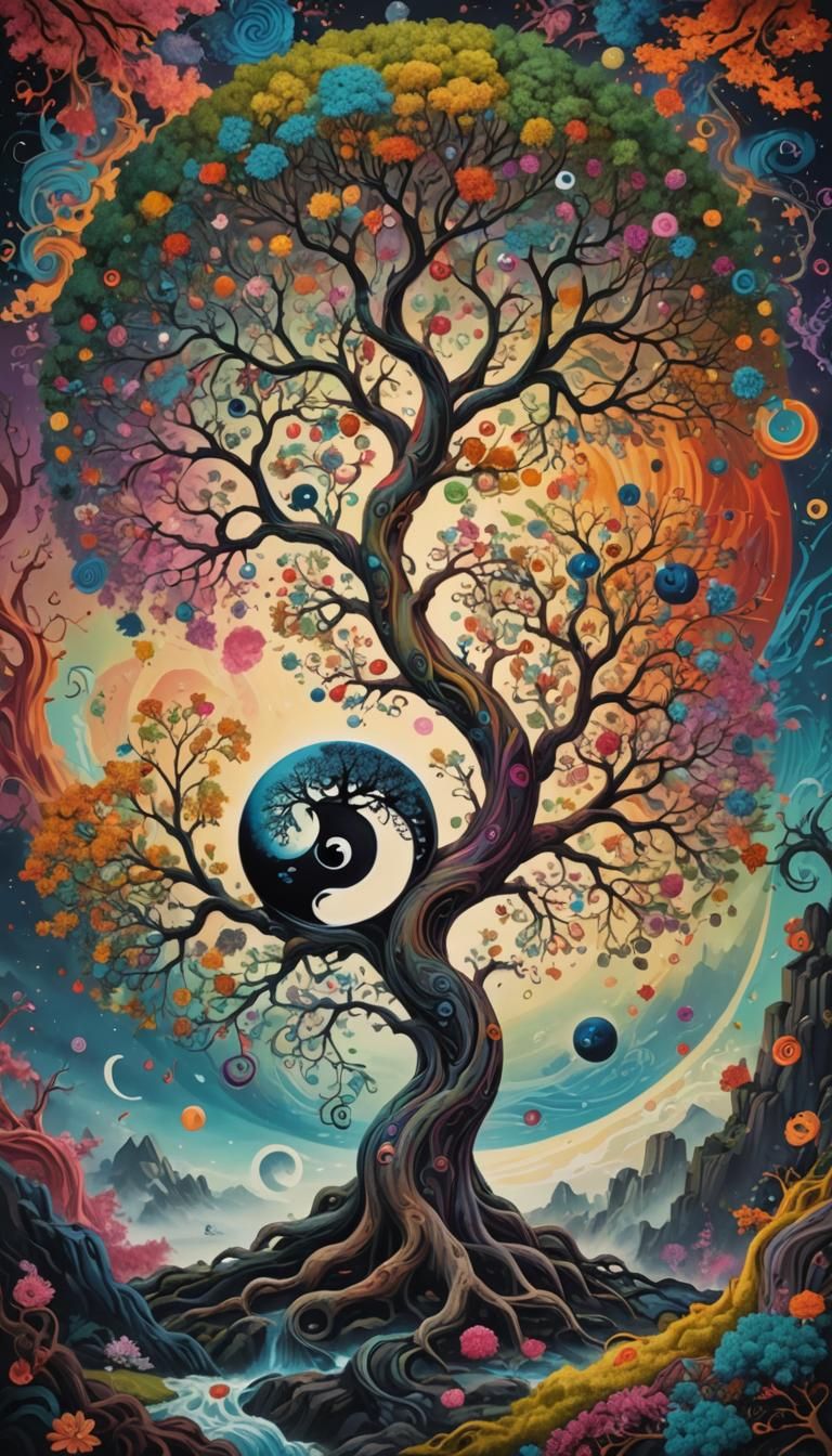 Surreal Yin and Yang Tree: Colorful Concept Art
