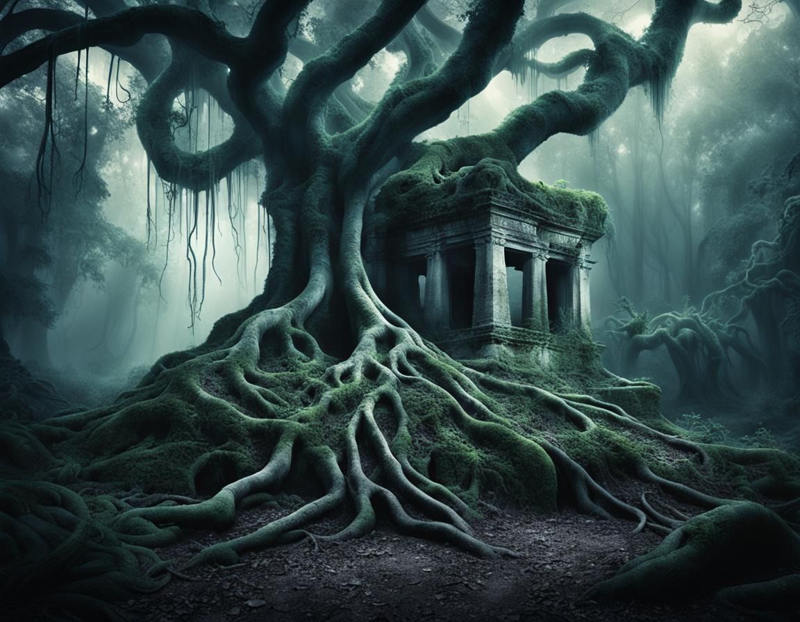 Surreal Overgrown Jungle Scene in Dark Atmosphere