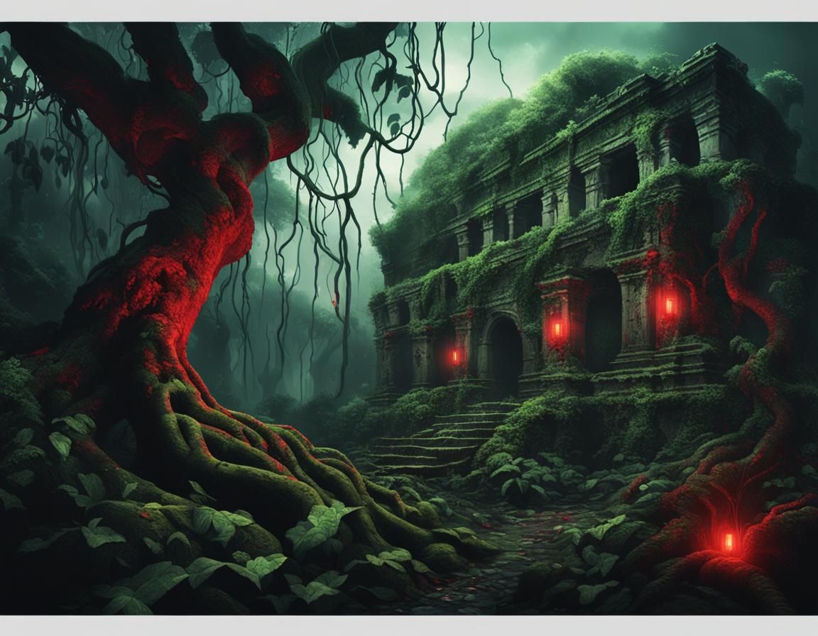 Eerie Dark Fantasy Jungle Ruins in Hyperrealistic Style