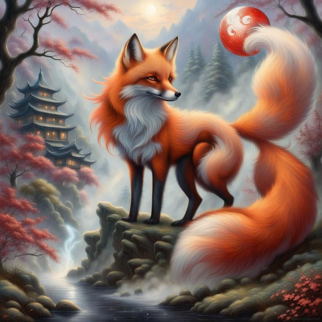 Mythological Nine-Tailed Red Fox with Yin Yang