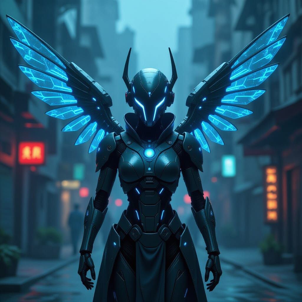 Futuristic Android Familiar in Cyberpunk Cityscape