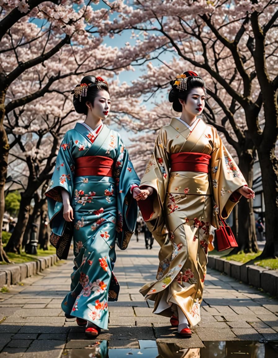 Maiko and Geiko Under Cherry Blossoms, Kyoto