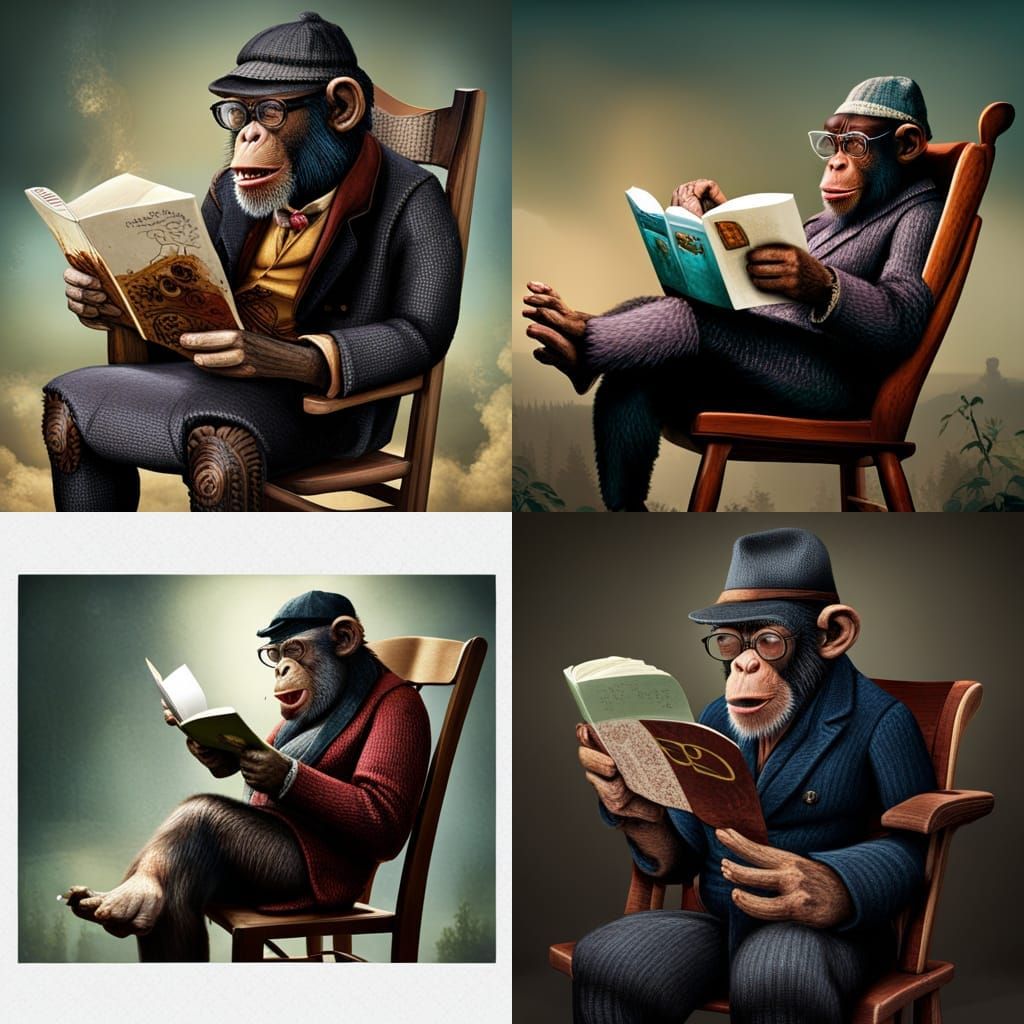 Chimpanzee Reader in Fedora: Detailed Matte Painting