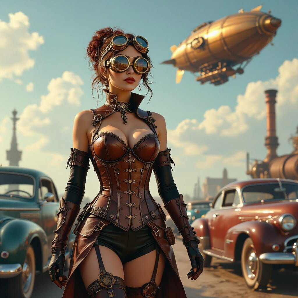 Steampunk Lady with Airship in Retro-futuristic Style