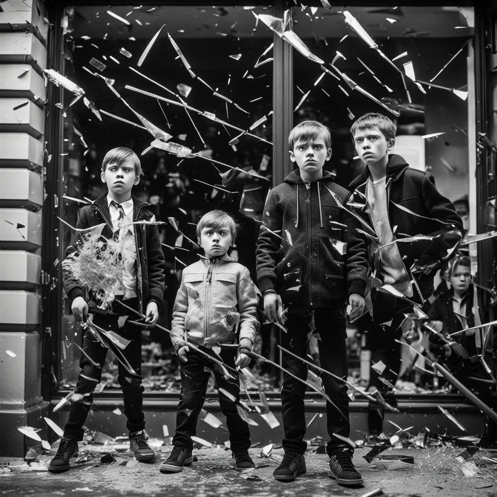 Angry Boys Smashing Window: Black and White Portrait