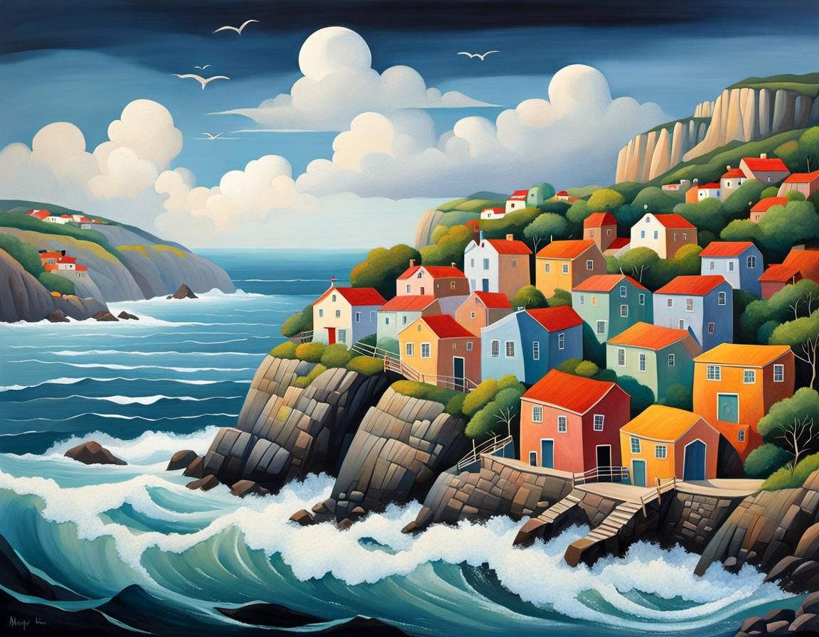 Picturesque Coastal Village in Naive Art Style