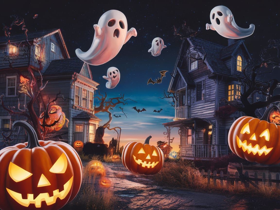 Halloween Scene with Floating Pumpkins in Digital Art