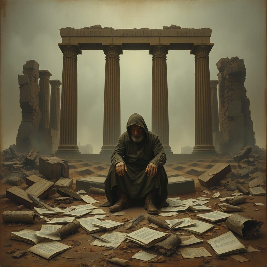 Weary Figure in Ruins of a Bygone Era