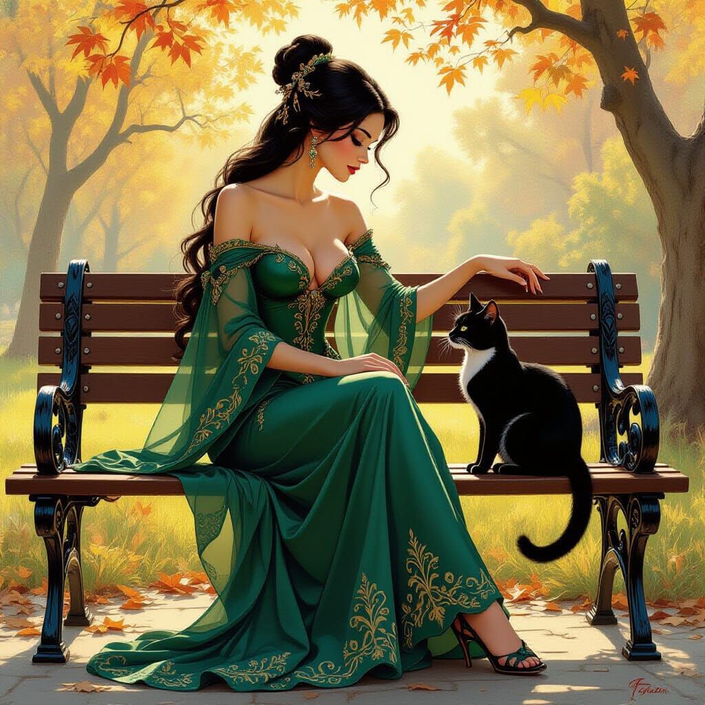 Brass and Wood Woman Petting Cat in Frazetta Style