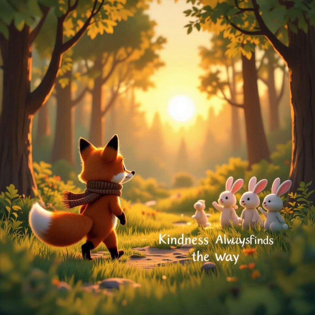3D Cartoon Forest Sunrise with Fox and Rabbits