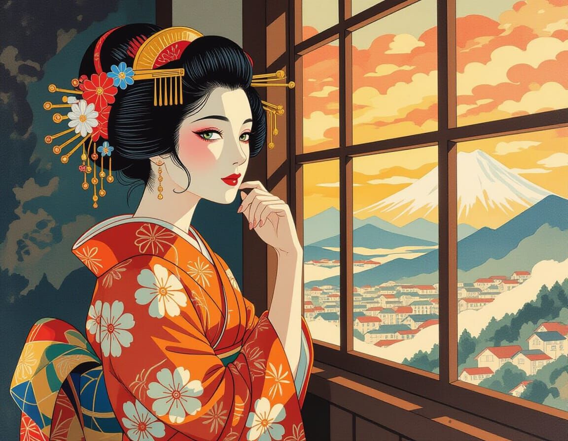 Woman in Kimono in Ukiyo-e Impressionist Style