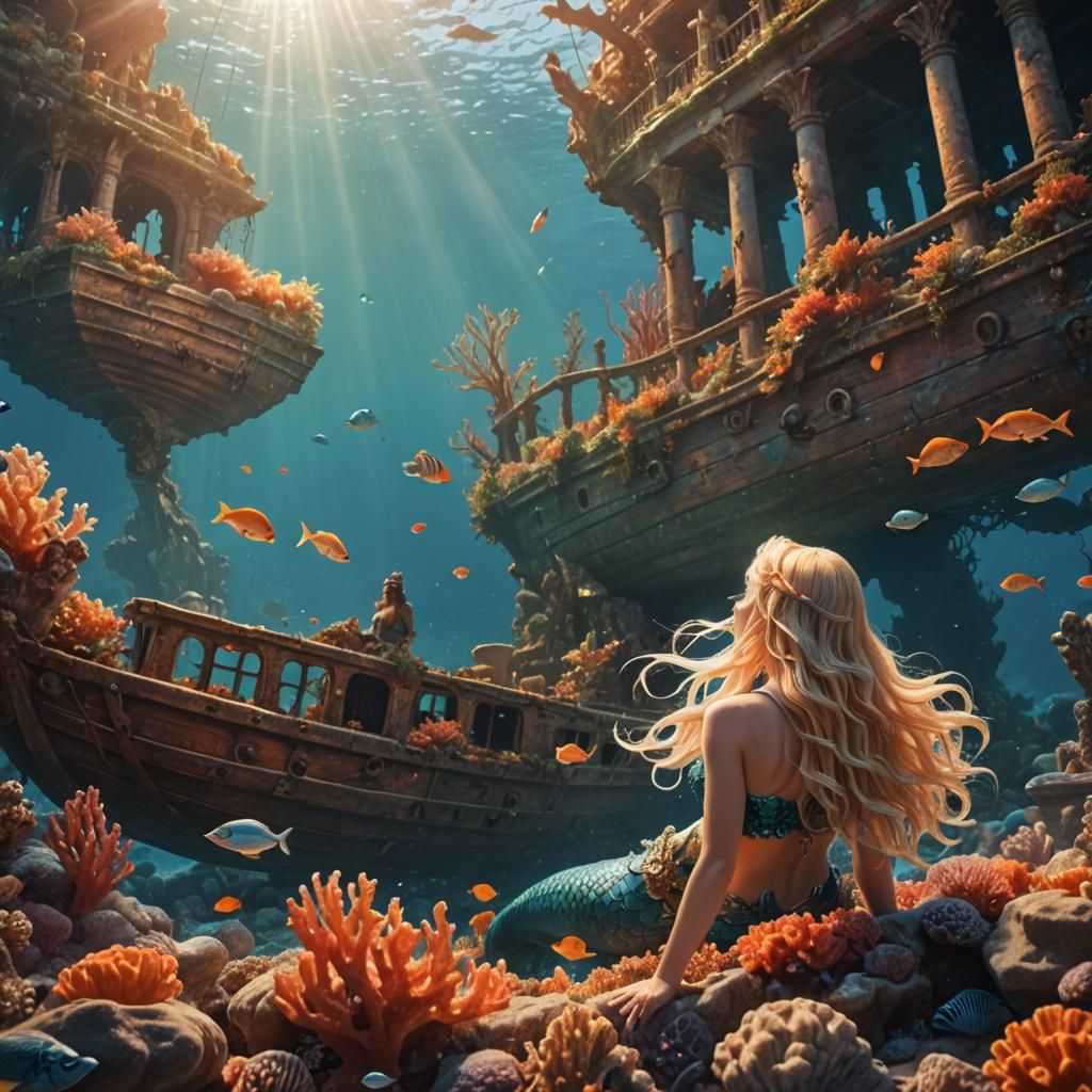Mermaid Inspects Sunken Ship: Detailed Matte Painting