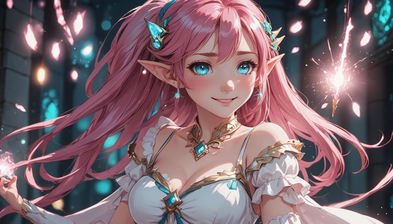 Pink-Haired Elf with Teal Eyes in Anime Style