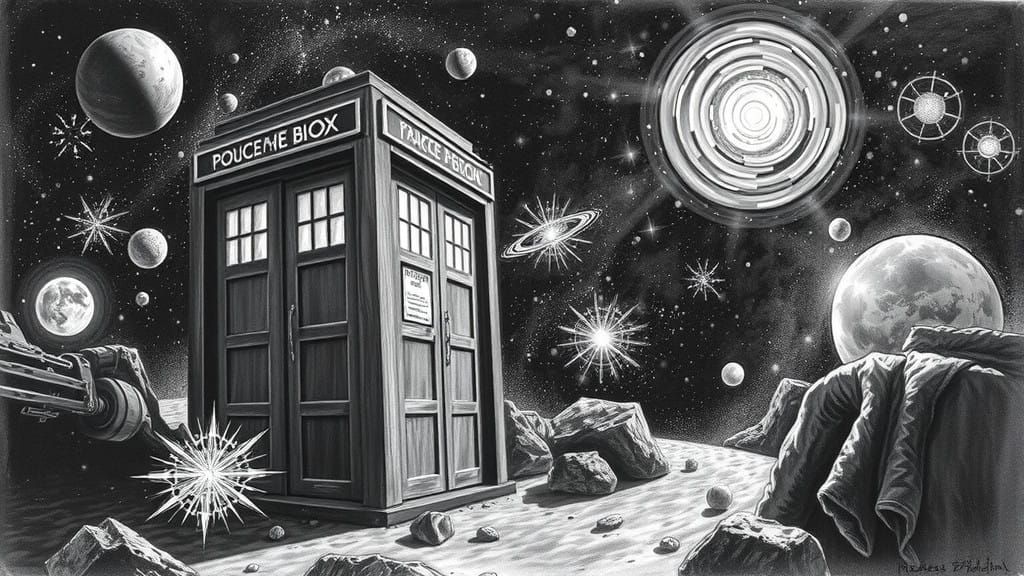 Galaxies with Cyberpunk TARDIS in Hyperdetailed Charcoal