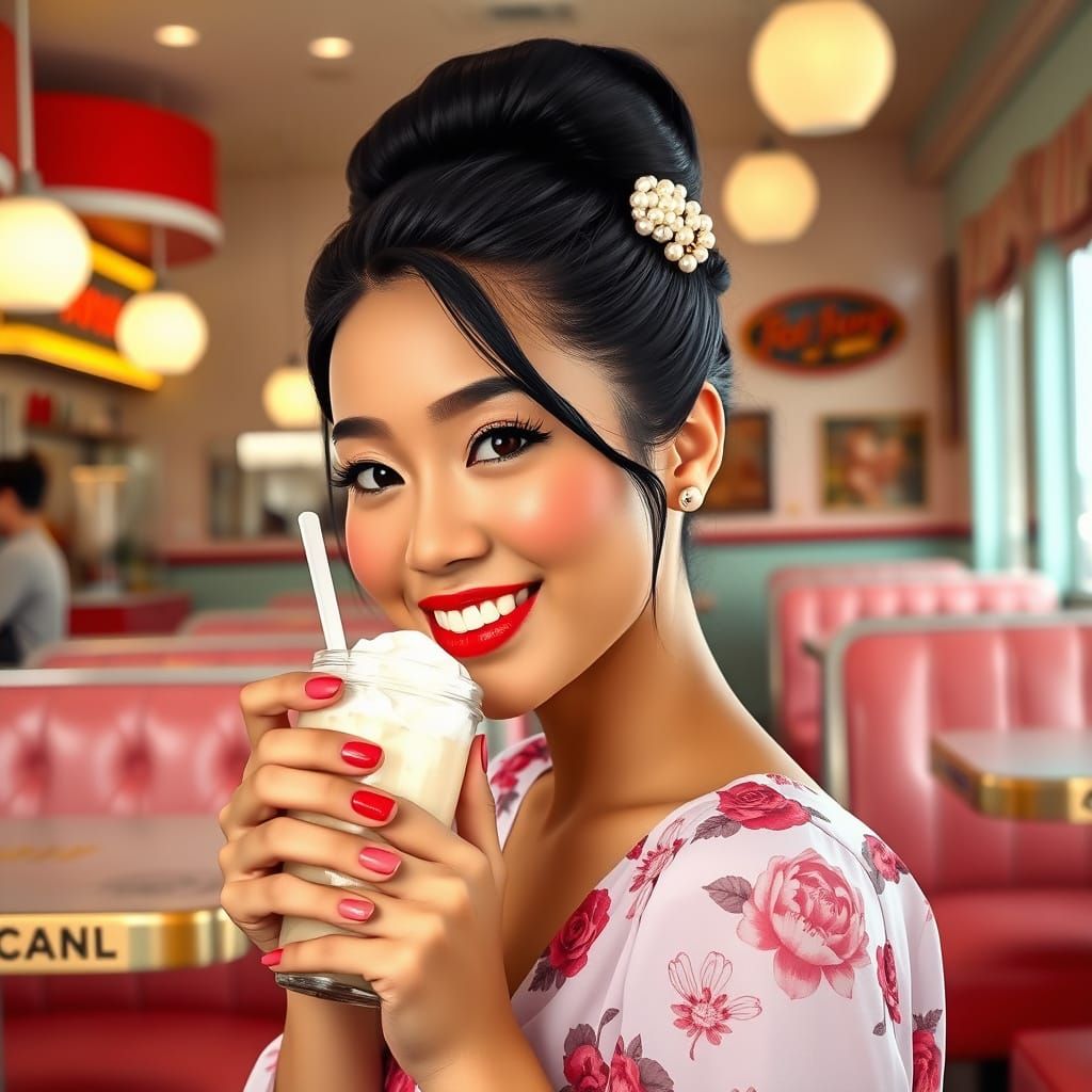 Thai Woman in 1950s Parlor, Dreamy Illustration
