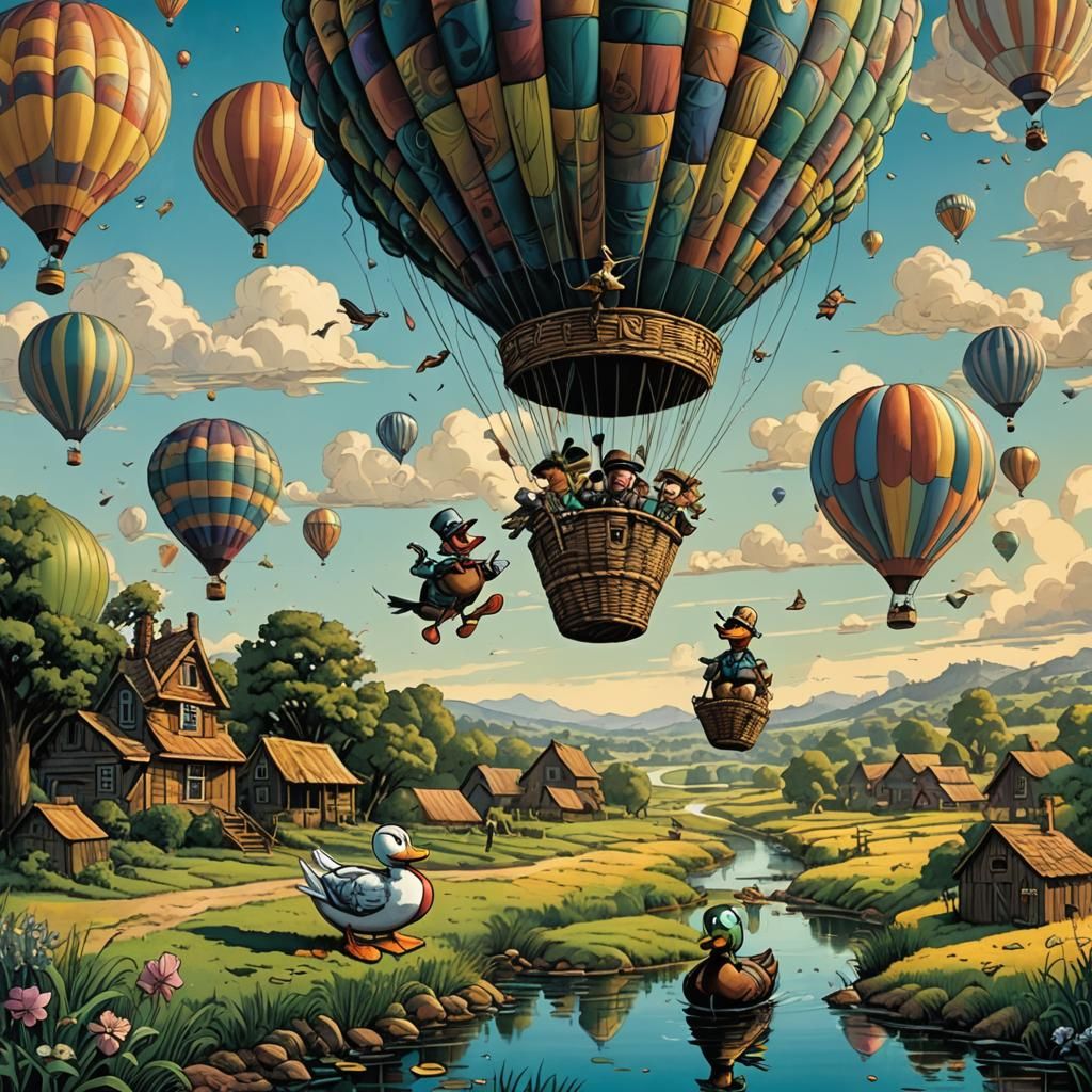 Whimsical Duck Family's Hot Air Balloon Adventure