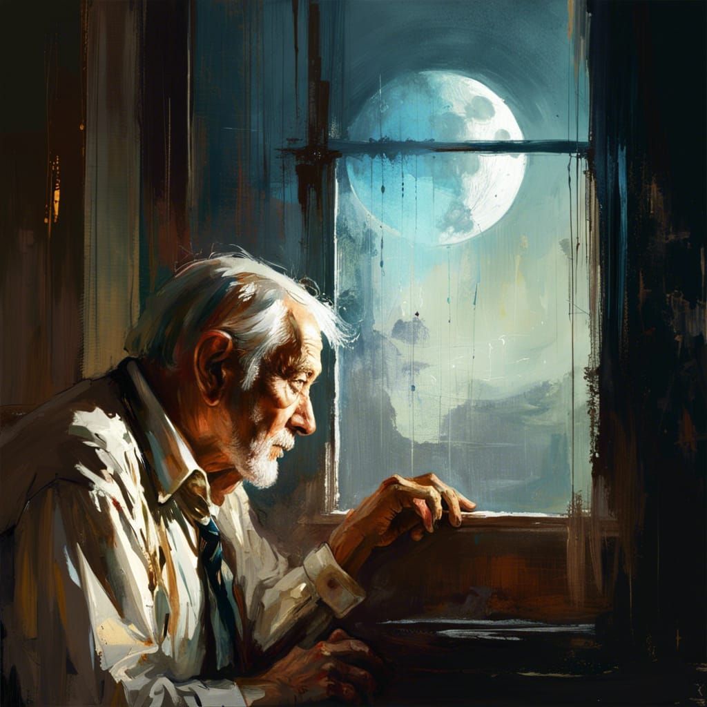 Elderly Man Gazing at Moon in Emotional Oil Painting