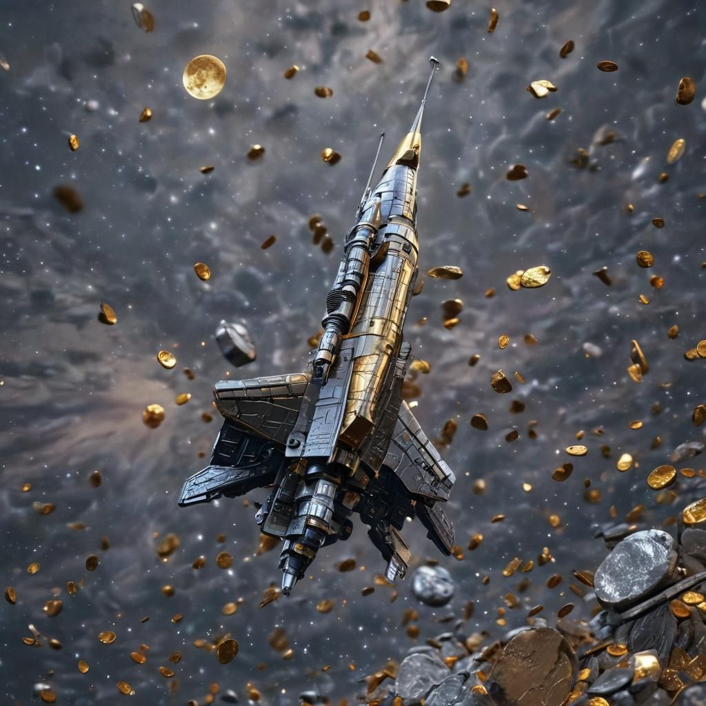 Gold and Silver Spaceship Flies to the Moon