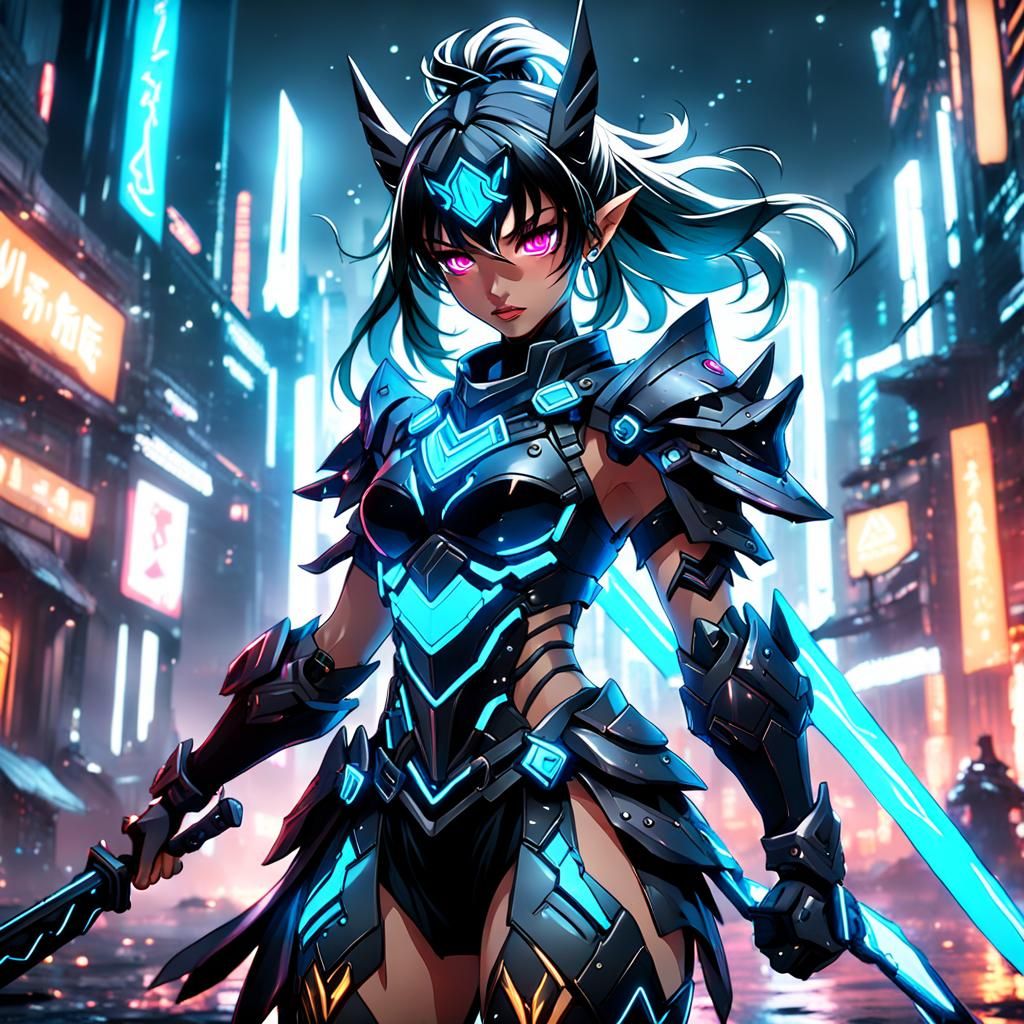 Neon Obsidian Anime Warrior: Detailed Fantasy Art