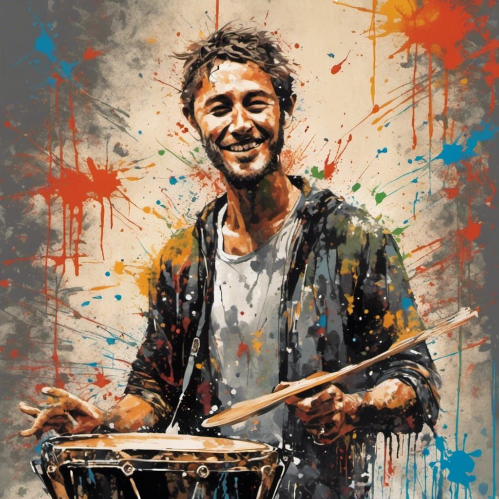 Man Playing Tambourine in Splatter Graffiti Style