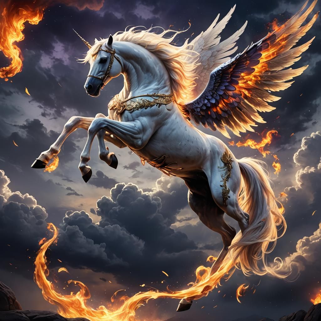 Fiery Winged Horse Soaring Through Dark Sky
