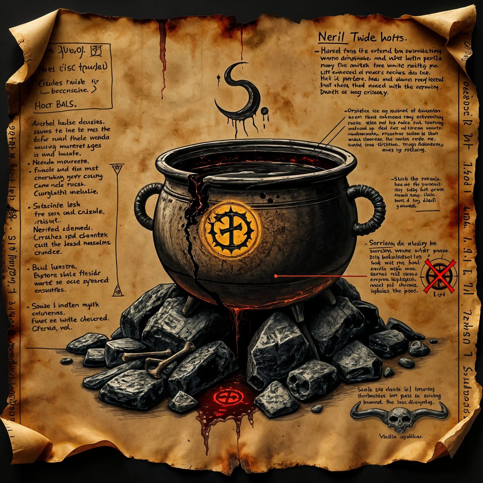 Cursed Cauldron with Glowing Runes and Dark Magic