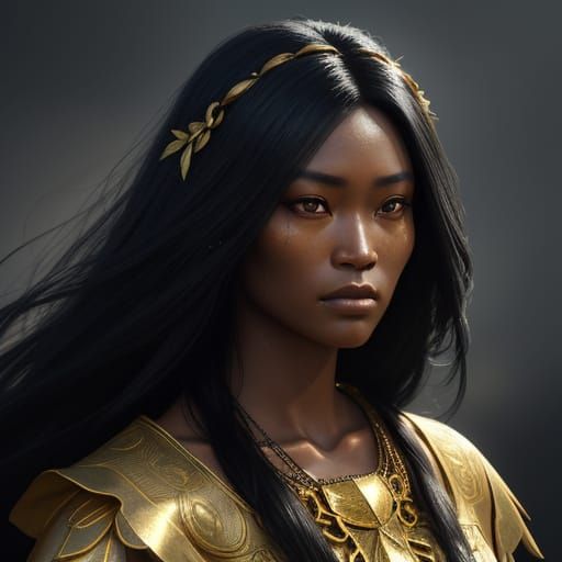 Hawaiian Woman With Black Hair and Gold Skin in Ethereal Lig...