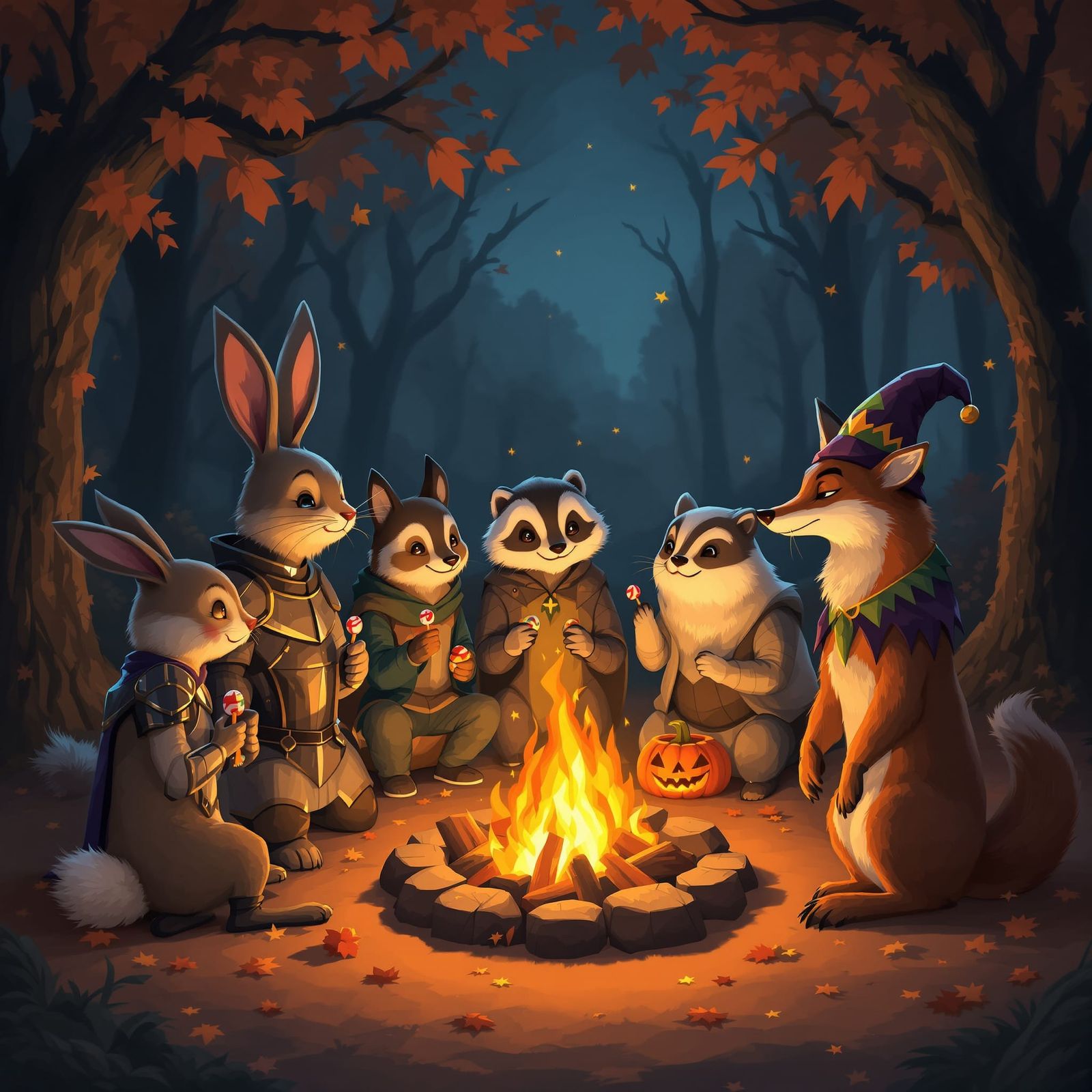 Forest Animals in Costumes Around Halloween Bonfire