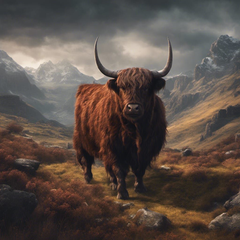 Detailed Highland Cow Fantasy Concept Art