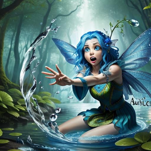 Frightened Fairy Trapped in Water Drop in Enchanted Forest