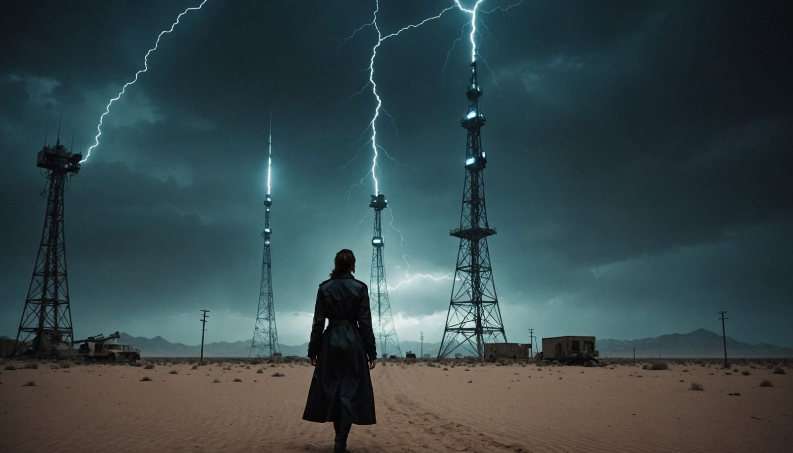 Women in Black Agent Before Glowing Radio Tower in Desert St...