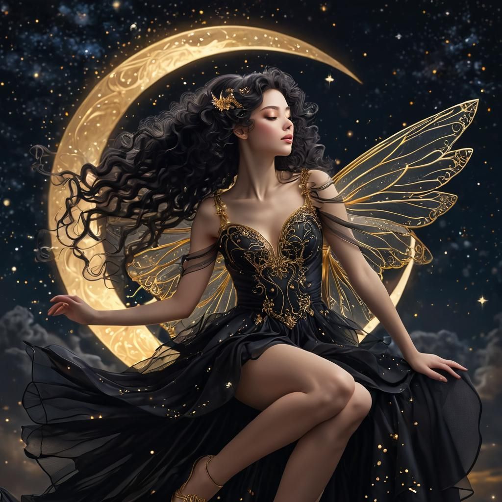 Gold Winged Fairy on Crescent Moon