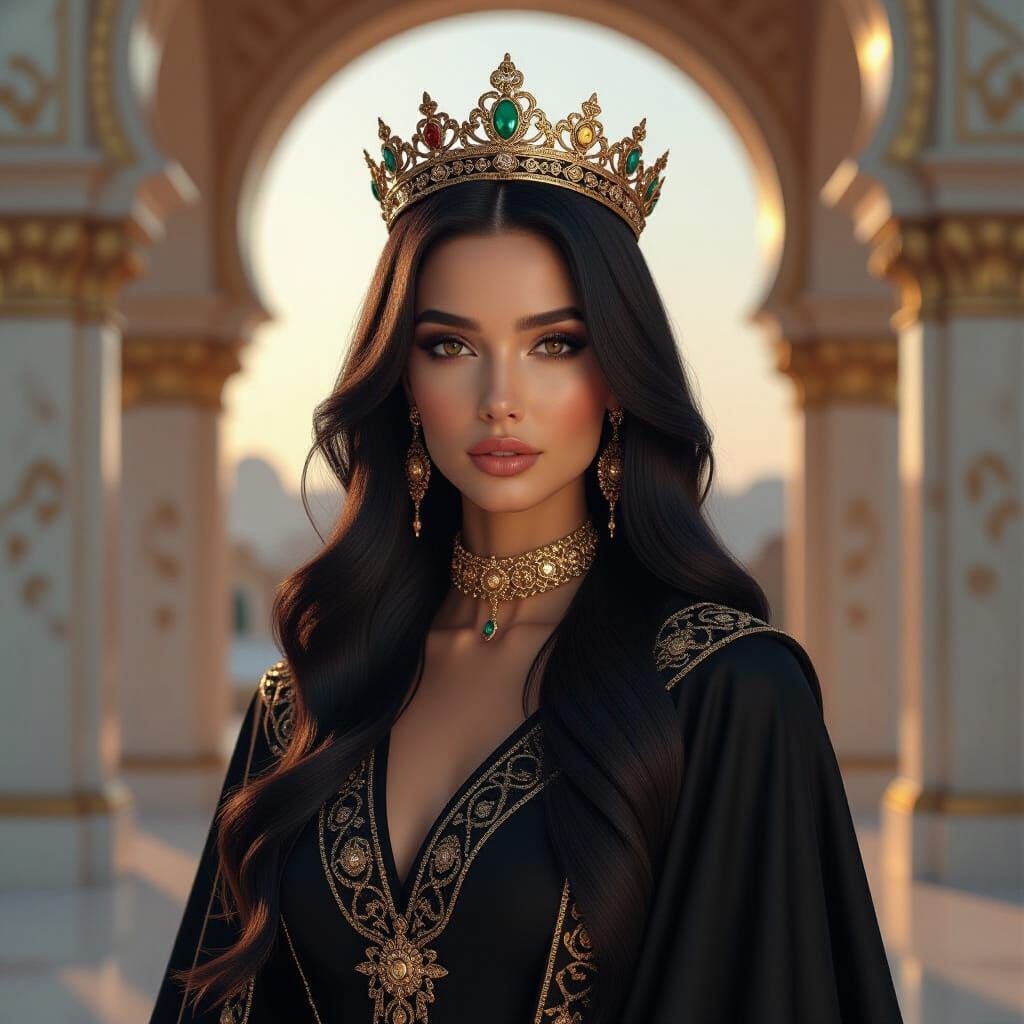 Woman in Abaya and Crown in Hyperrealistic Style