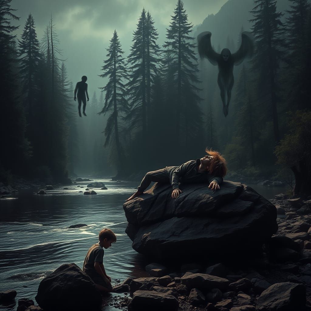 Mystical Forest River Scene in Ethereal Style