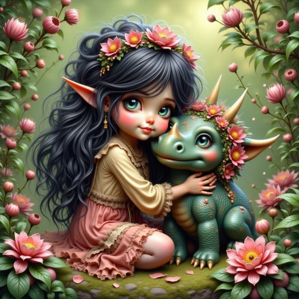 Girl Hugging Triceratops in Whimsical Bohemian Style