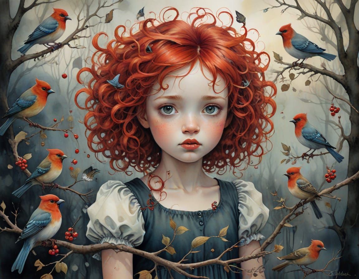 Whimsical Watercolor Portrait of a Young Girl with Birds