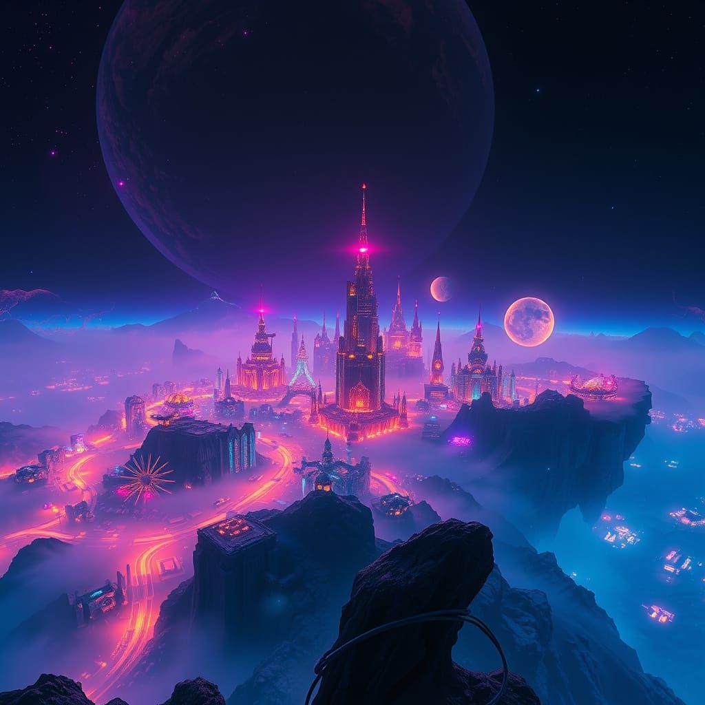 Mystical, Neon-Lit Metropolis in a Distant Planet Landscape