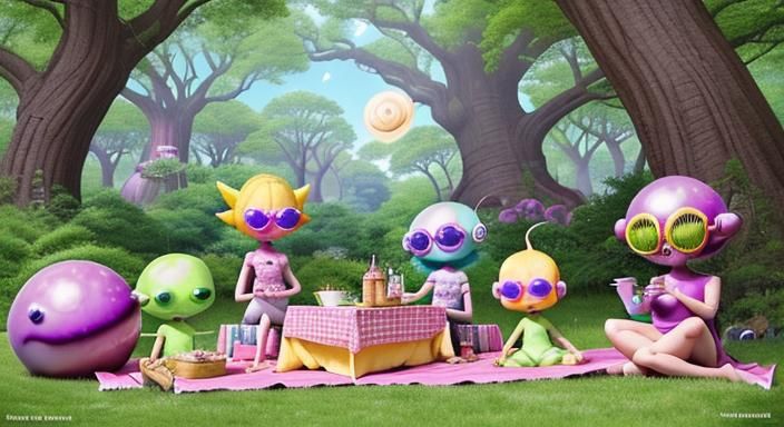 Pink aliens with big heads, pot bellies, and yellow hair, we...