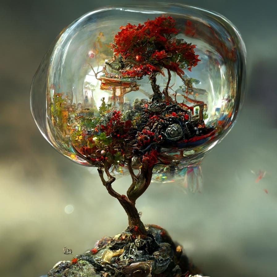 Red Bonsai Tree in Bubble: Detailed Fantasy Art