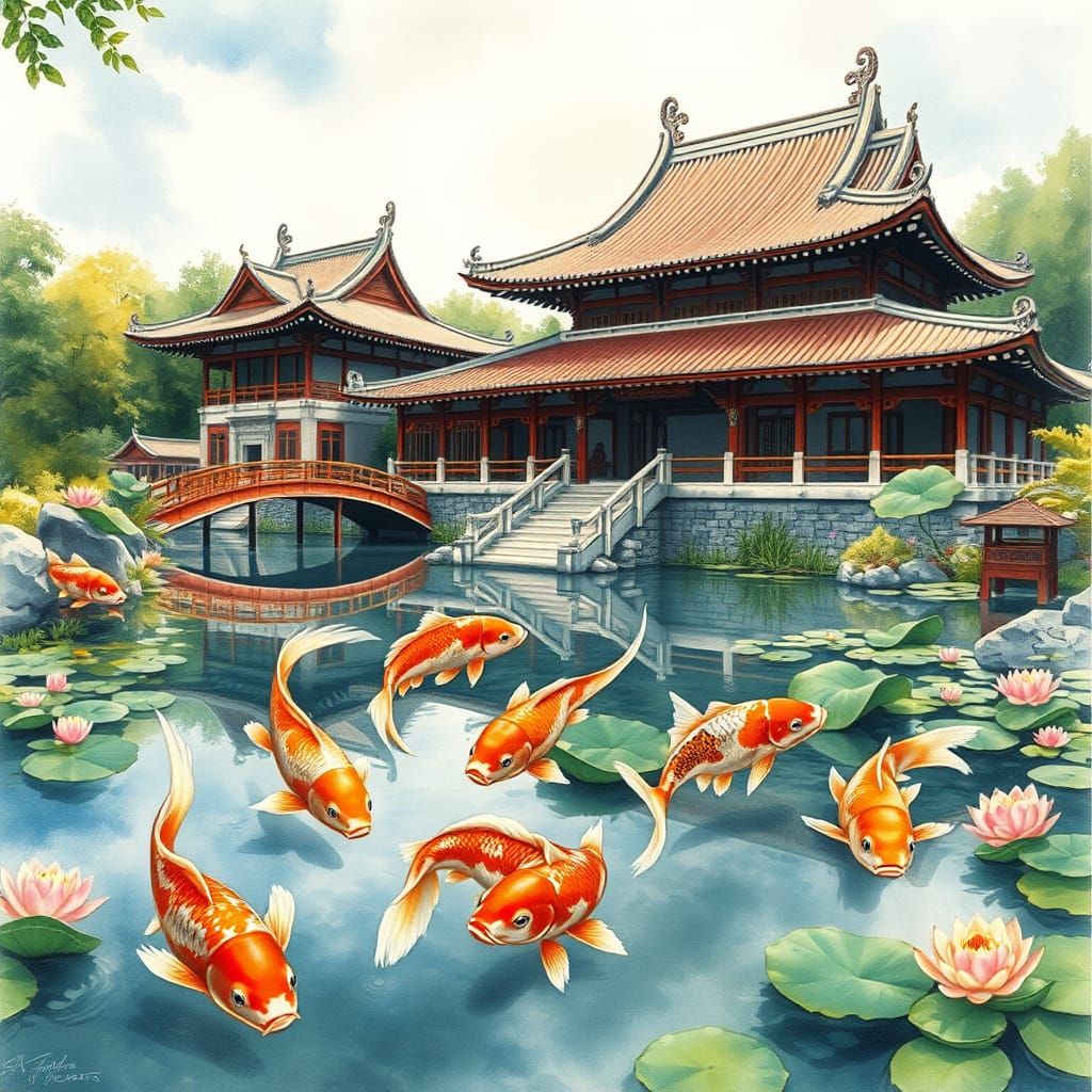 Surreal Watercolor Scene of Koi Fish in a Japanese Temple Ga...