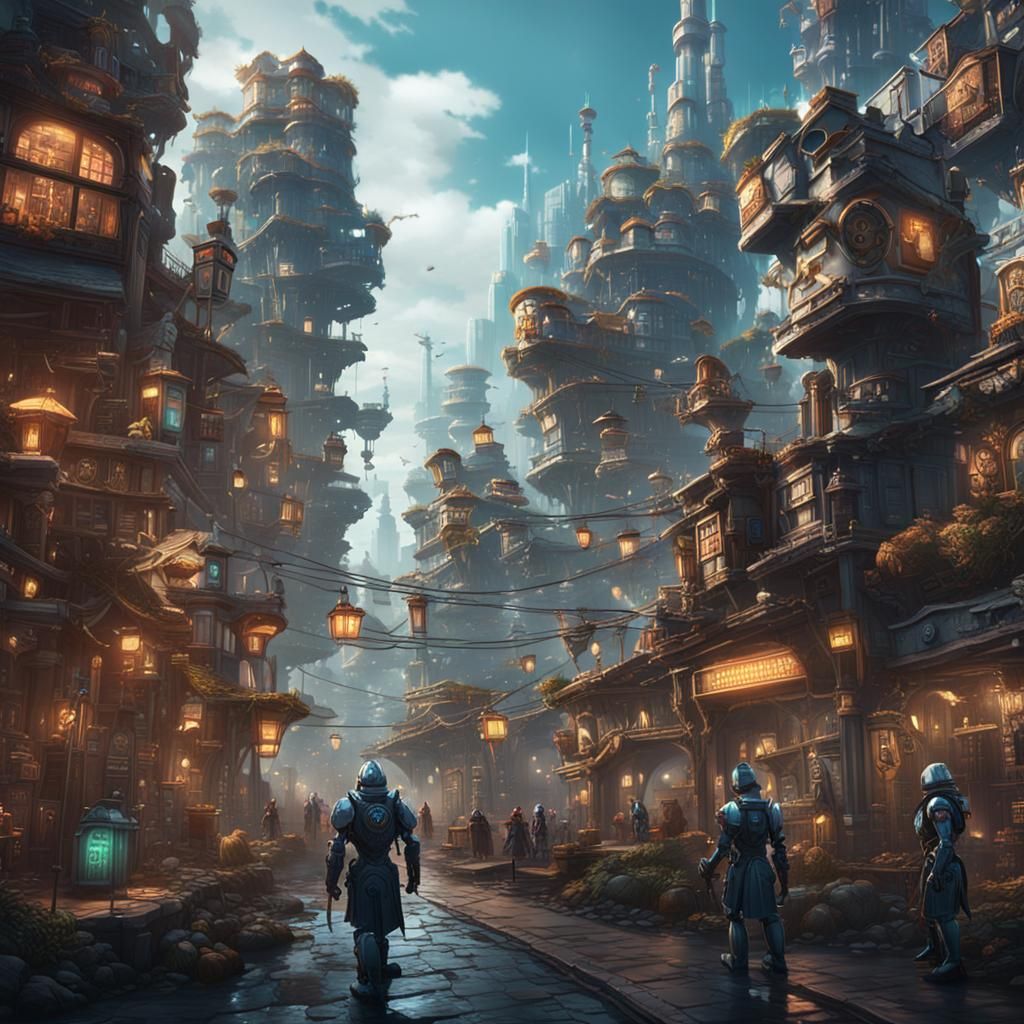 Robotic City with Human Maids: Detailed Matte Painting