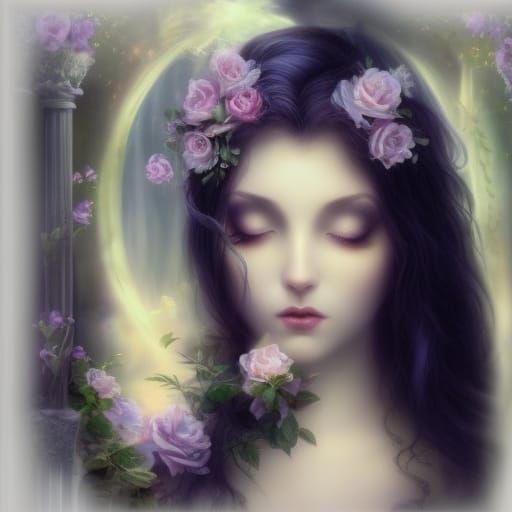 Ethereal gothic Young lady bride with wavy Long black hair& Green eyes& Black&purple eyeshadow beautifully done& Black l...