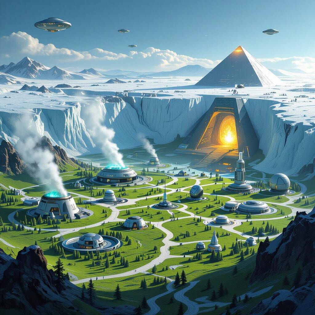 Alien Antarctic Base with Geysers and Pyramids