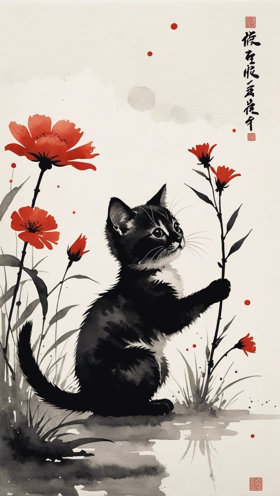 Minimalist Japanese Ink Painting of Kitten in Garden