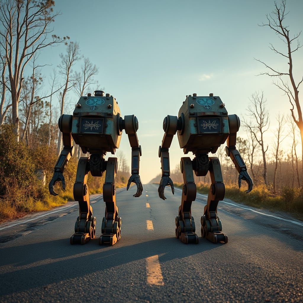 Cyberpunk Robots Wander Through Abandoned Nordic Landscape