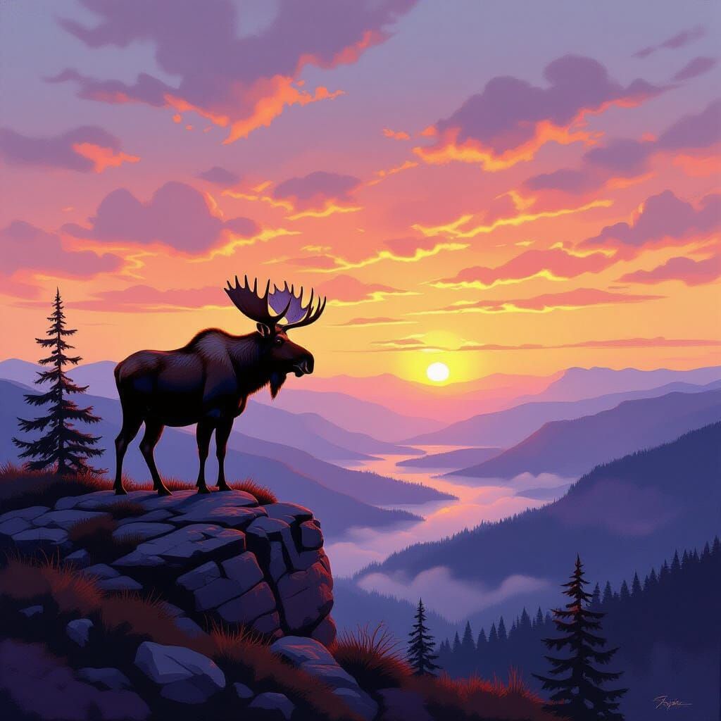 Majestic Moose at Dawn Over Misty Valley in Oil Painting Sty...