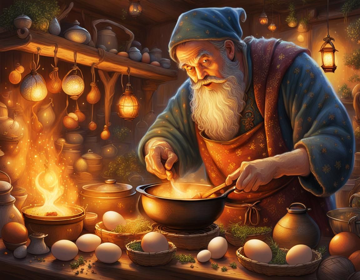 Wizard's Enchanted Breakfast: Whimsical Fantasy Art