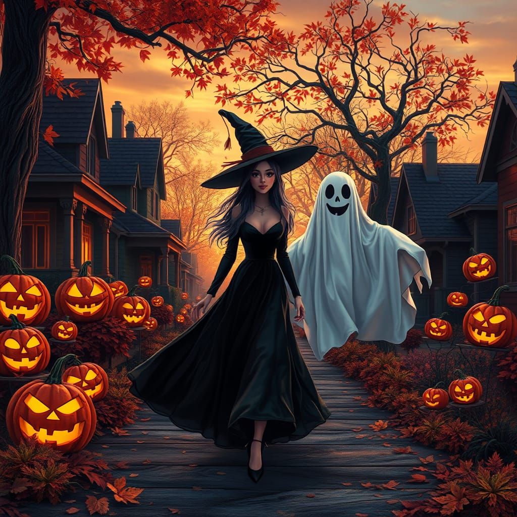 Halloween night, animated characters sophisticated, funny witch walking with a very friendly ghost, through a neighborho...