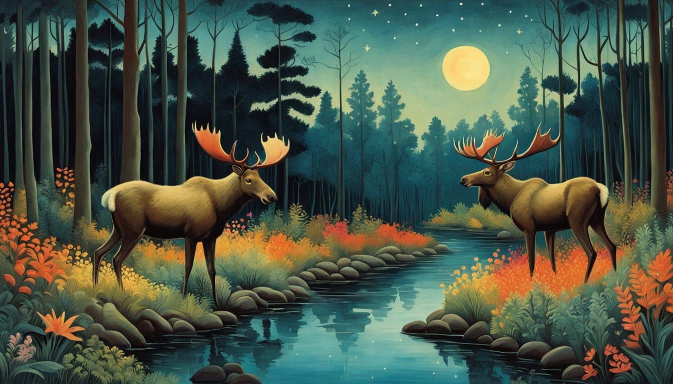 Whimsical Forest Creatures in Vibrant Nightscape